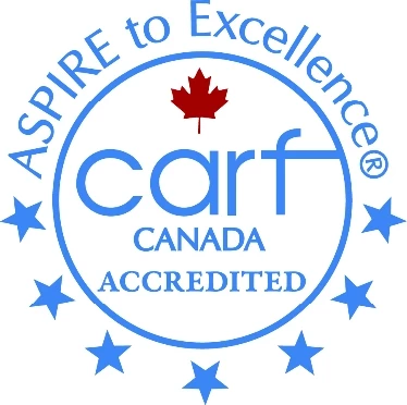 A logo with CARF Canada Accredited in the middle of a blue circle with 7 blue stars on the underside of the circle and 'Aspire to Excellence' on the outer upper side of the circle.